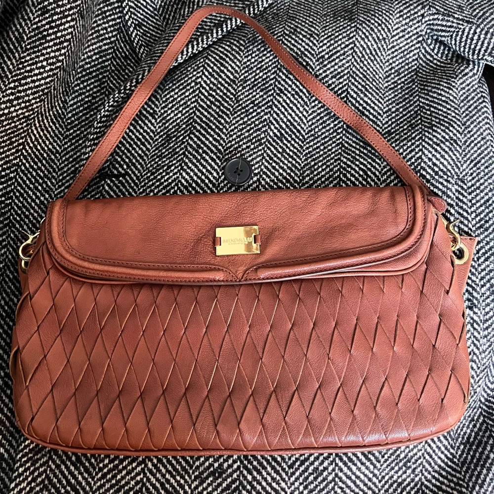 Vintage Woven Leather Shoulder Clutch in Cognac